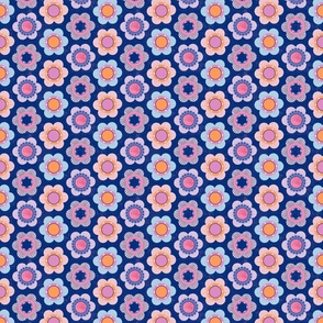 colorful geometric flowers on a navy blue background     