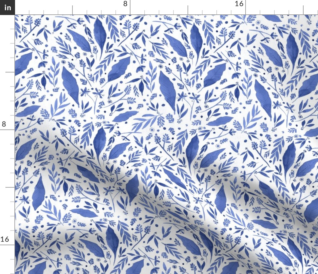 12" Ditsy florals and leaves - Delft blue white
