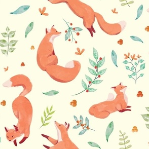 Cute Fun Watercolor Foxes - Large Scale