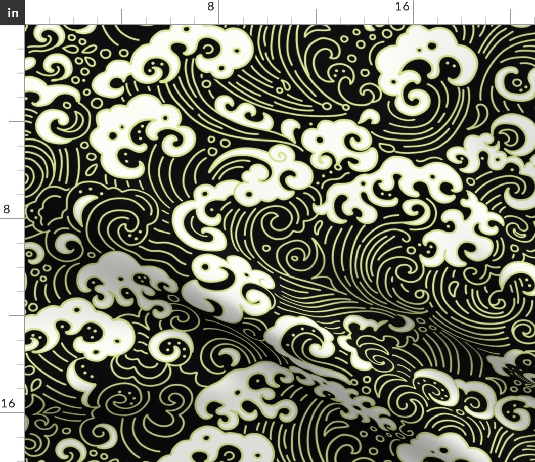 Pop Art Japanese Waves Honeydew on Black