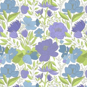 Honeydew, Lilac & Skyblue Florals on White