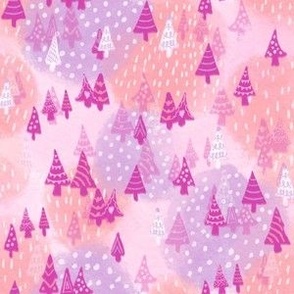 Winter in the Pine forest, handdrawn, small pinks and apricot