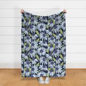 Large jumbo scale // Boho coneflowers // oxford navy blue background white and sky blue flowers lilac dots stalks and honeydew green leaves