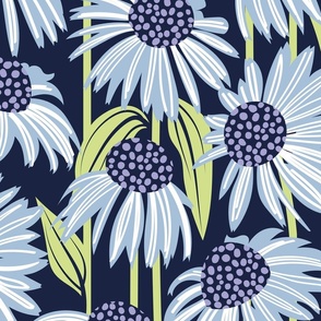 Large jumbo scale // Boho coneflowers // oxford navy blue background white and sky blue flowers lilac dots stalks and honeydew green leaves