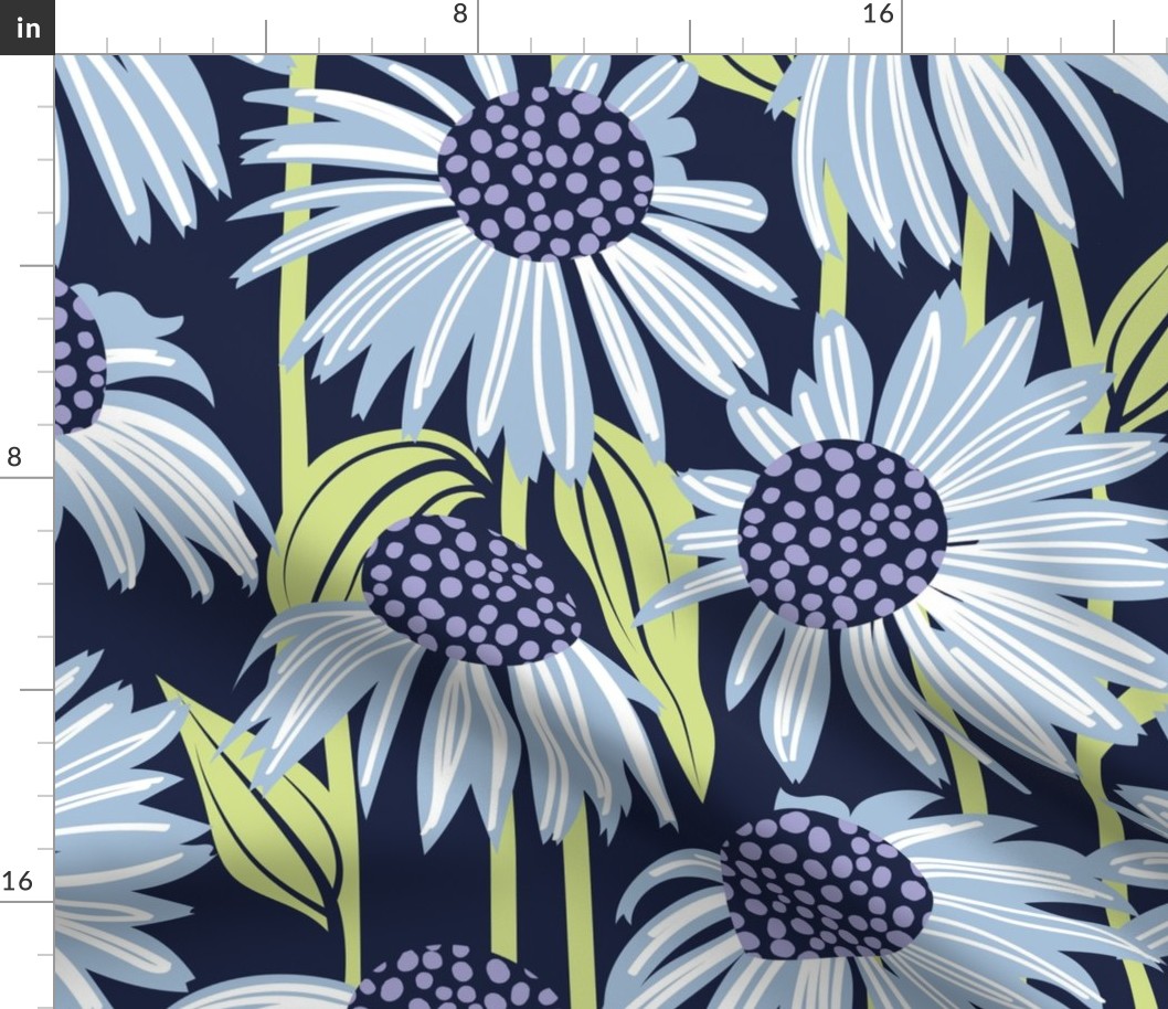 Large jumbo scale // Boho coneflowers // oxford navy blue background white and sky blue flowers lilac dots stalks and honeydew green leaves