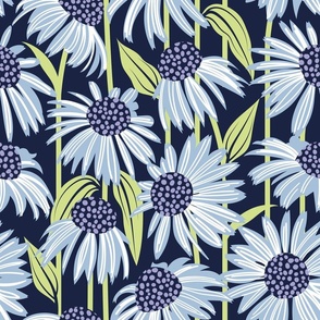 Boho coneflowers // normal scale // oxford navy blue background white and sky blue flowers lilac dots stalks and honeydew green leaves
