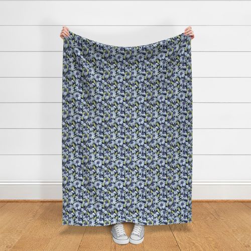 Small scale // Boho coneflowers // oxford navy blue background white and sky blue flowers lilac dots stalks and honeydew green leaves