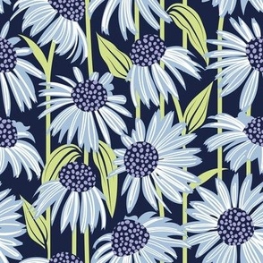 Small scale // Boho coneflowers // oxford navy blue background white and sky blue flowers lilac dots stalks and honeydew green leaves