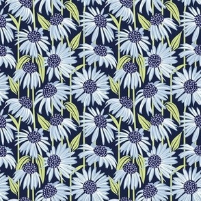 Tiny scale // Boho coneflowers // oxford navy blue background white and sky blue flowers lilac dots stalks and honeydew green leaves