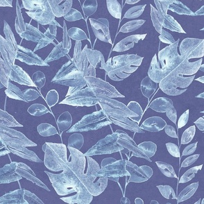 Japandi watercolor tropical leaves  foliage - blue indigo - 24"