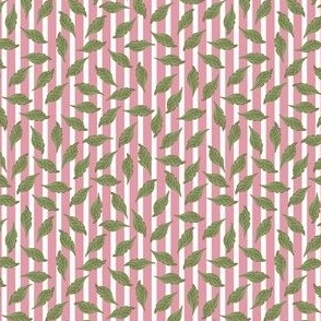 Cherry Leaves // Small Scale // Cherries leaves Pink White Stripes Background