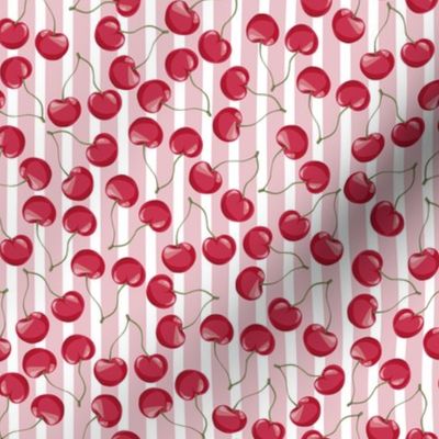 Sweet Cherry // Normal scale // Red Cherries Fuits Pink White Stripes Background