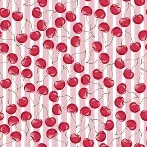 Sweet Cherry // Normal scale // Red Cherries Fuits Pink White Stripes Background