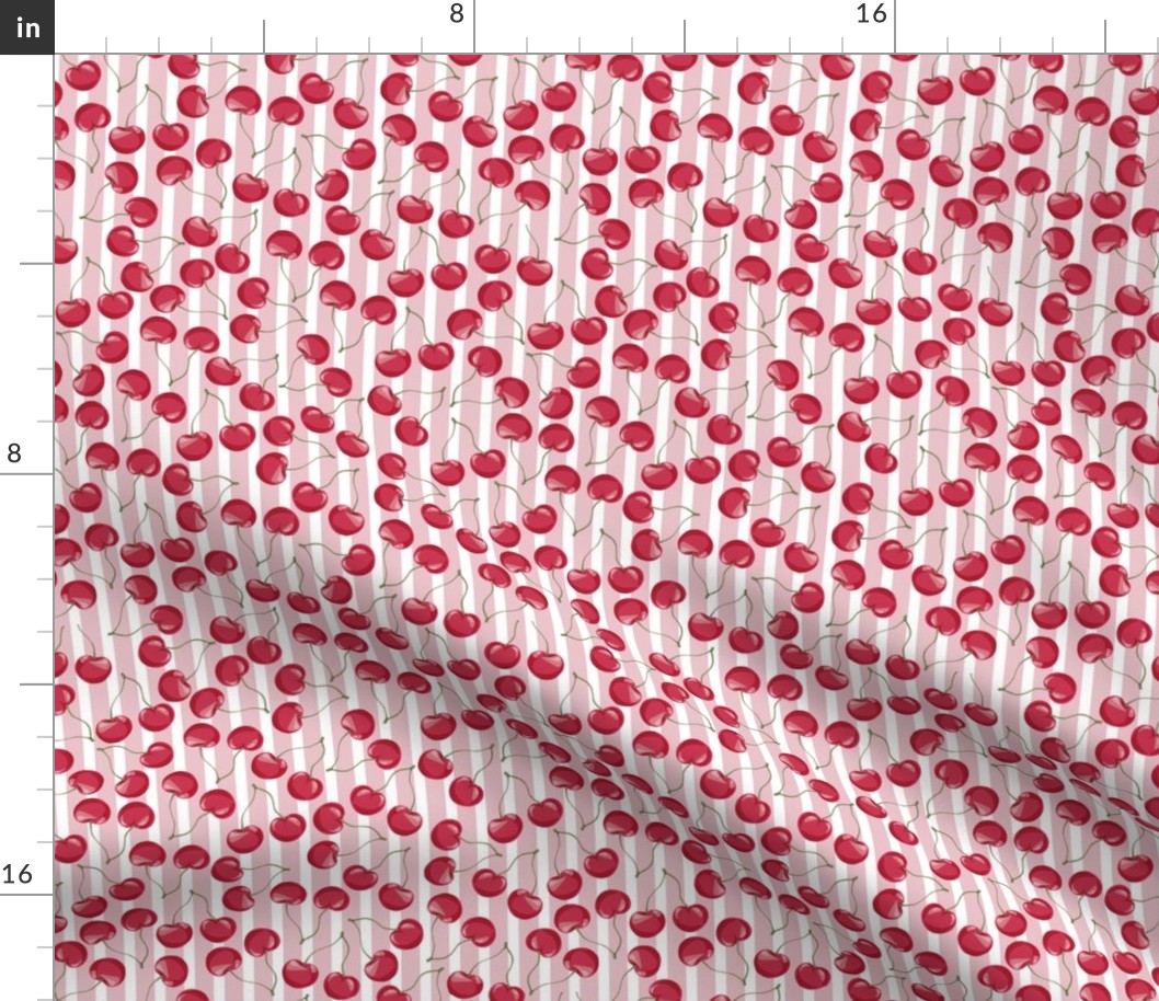 Sweet Cherry // Normal scale // Red Cherries Fuits Pink White Stripes Background