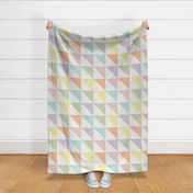 half square triangle wholecloth: pastel yellow, spring’s coral, aloe wash, opal blue, pastel pink, pastel purpleq