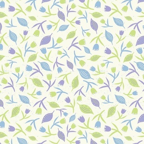 Tulips & Leaves, 12 inch, Large Scale, Cream Background, Pastel Blue, Lavender Purple, Apple Green