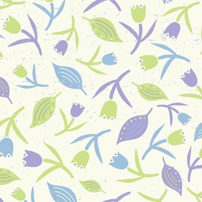 Tulips & Leaves, 24 inch, X-Large Scale, Cream Background, Pastel Blue, Lavender Purple, Apple Green