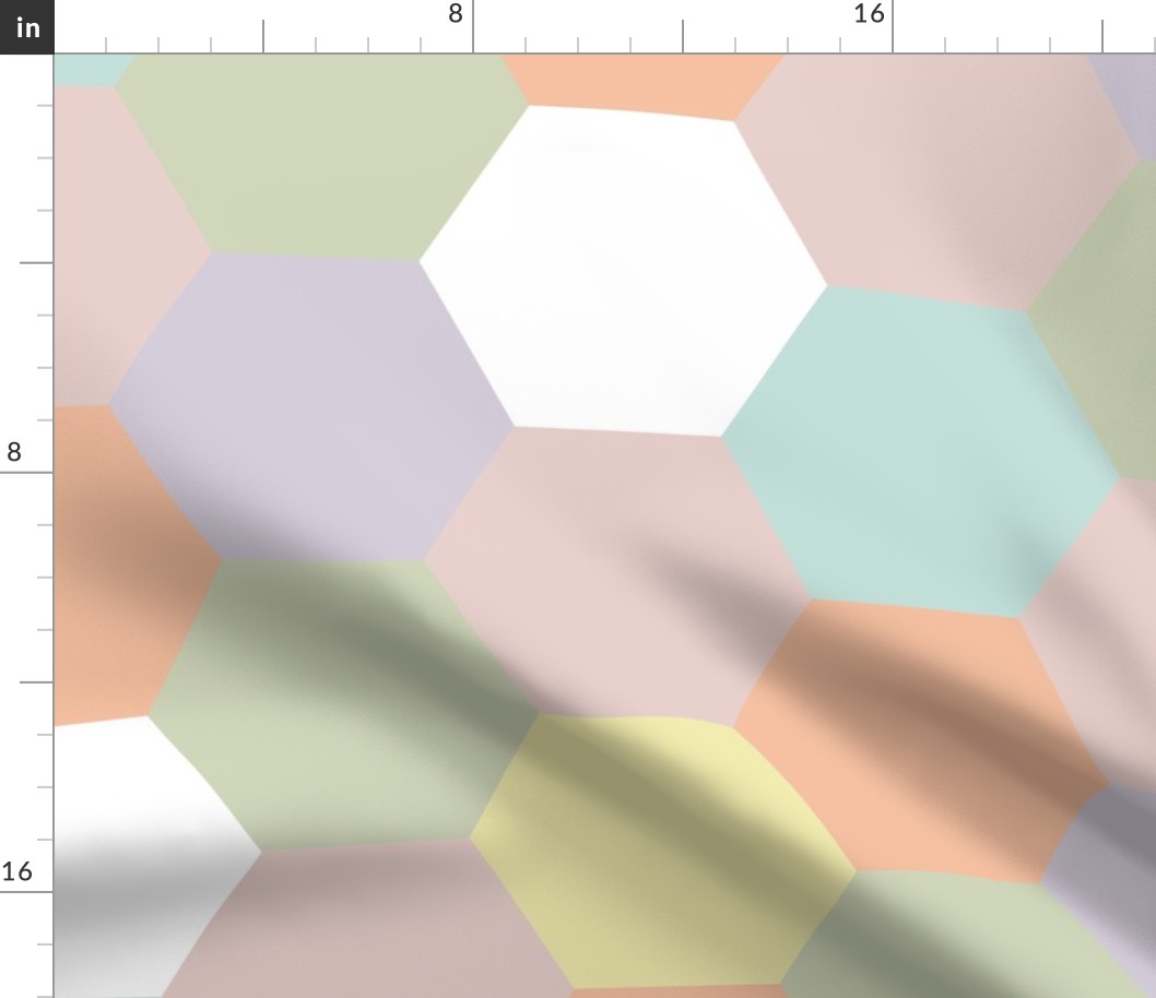 6" hexagon wholecloth: pastel yellow, spring’s coral, aloe wash, opal blue, pastel pink, pastel purple