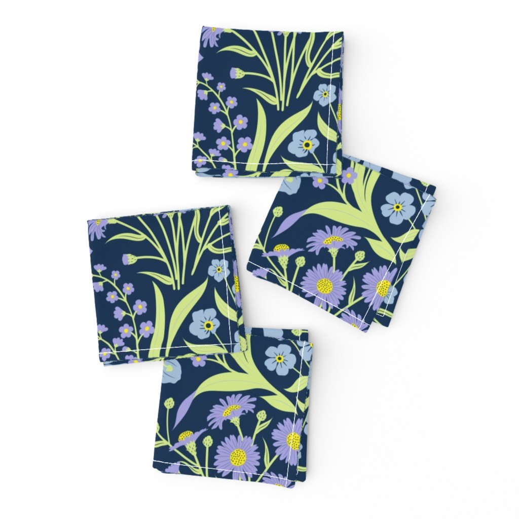 Large //  Pastel blue, green and lilac wildflowers on navy