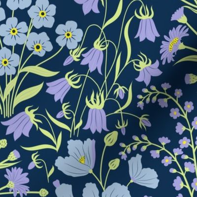 Large //  Pastel blue, green and lilac wildflowers on navy