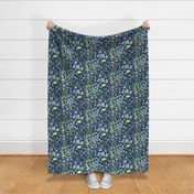 Large //  Pastel blue, green and lilac wildflowers on navy