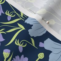 Large //  Pastel blue, green and lilac wildflowers on navy