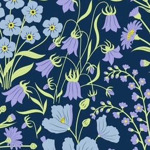 Large //  Pastel blue, green and lilac wildflowers on navy