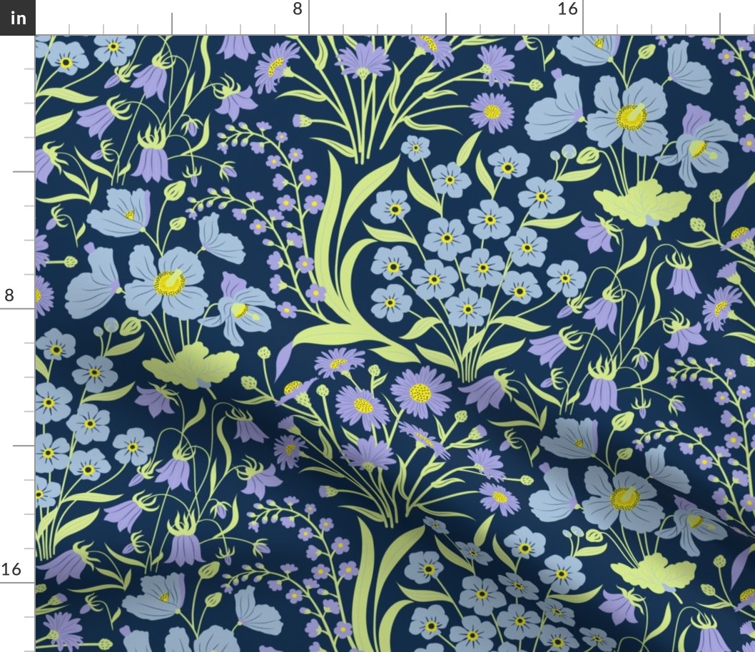 Large //  Pastel blue, green and lilac wildflowers on navy