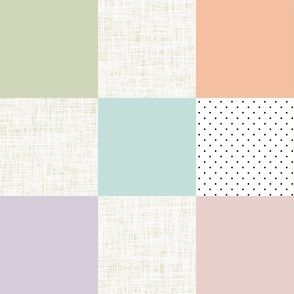 6" patchwork wholecloth: pastel yellow, spring’s coral, aloe wash, opal blue, pastel pink, pastel purple