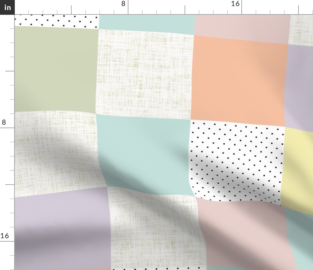 6" patchwork wholecloth: pastel yellow, spring’s coral, aloe wash, opal blue, pastel pink, pastel purple