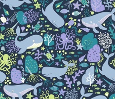 Whales Paradise Seascape - Honeydue, Lilac and Sky Blue on Navy - Petal Solids Coordinates