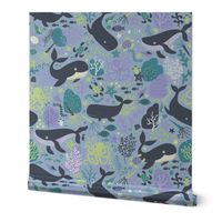 Whales Paradise Seascape - Honeydue, Lilac and Navy on Sky Blue - Petal Solids Coordinates