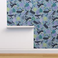 Whales Paradise Seascape - Honeydue, Lilac and Navy on Sky Blue - Petal Solids Coordinates