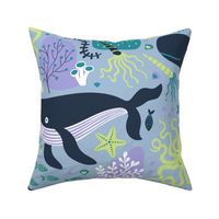 Whales Paradise Seascape - Honeydue, Lilac and Navy on Sky Blue - Petal Solids Coordinates