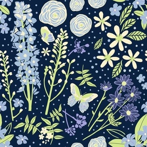 Pastels Comfort Garden with Butterflies - Midnight Blue