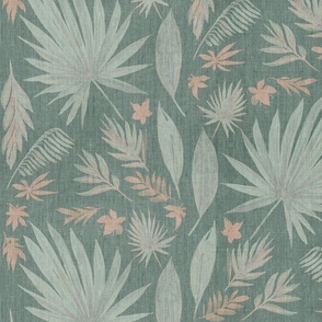 Watercolour tropical leaves on linen - dark green coral