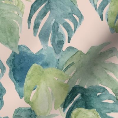 Watercolor tropical monstera leaves - green on pink