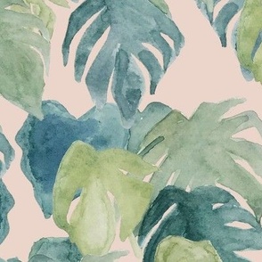 Watercolor tropical monstera leaves - green on pink