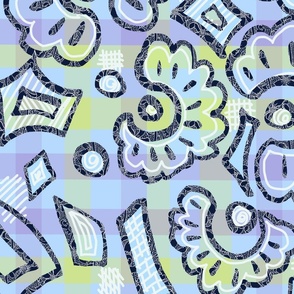 abstract flowers on blue plaid