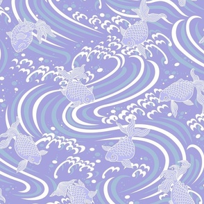 Playful koi in restless lilac waves