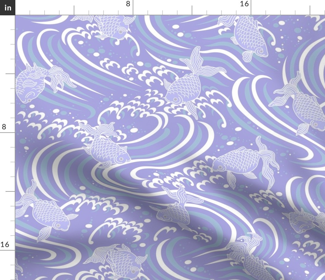 Playful koi in restless lilac waves