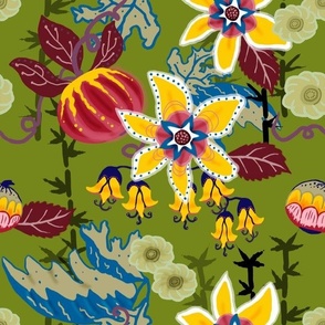 "China Garden" - Chinoiserie on Green - Flowers on Green Background