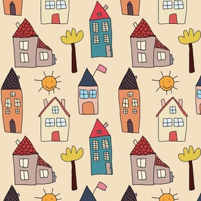 Hand drawn houses repeat pattern