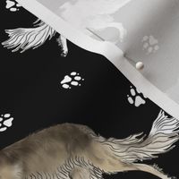 Trotting Silken Windhounds and paw prints - black