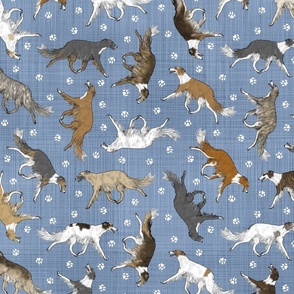 Trotting Silken Windhounds and paw prints - faux denim