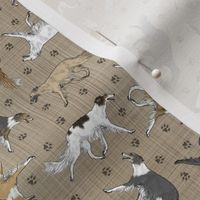 Tiny Trotting Silken Windhounds and paw prints - faux linen
