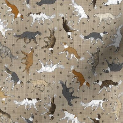 Tiny Trotting Silken Windhounds and paw prints - faux linen