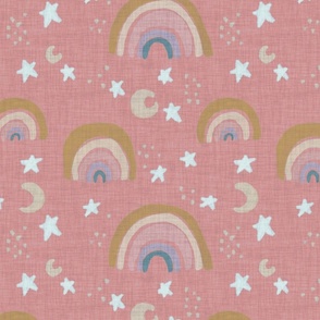 Pastel Rainbow Stars Moon: Woven Dusty Rose Pink Nursery Wallpaper & Fabric
