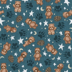 Woodland Brown Bears, Pine Cones, Stars and Moon on Woven Distressed on Dark Blue