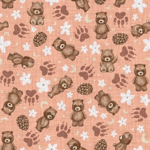 Woodland Brown Bears, Pine Cones, Stars and Moon on Woven Distressed on Peach Pastel Orange